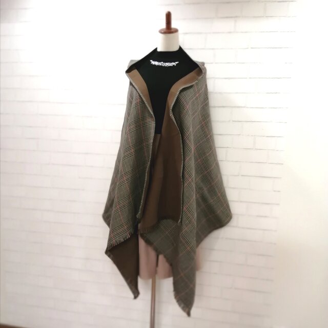 【再販3】3wayマフラーショール*グレーブラウングレンチェックWガーゼ*超極厚*播州織の画像1枚目