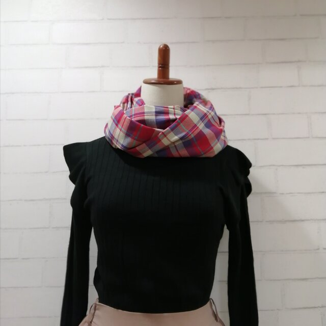 【2点限定❗】綿100%スヌード*カシスレッドの差し色チェック*播州織の画像1枚目