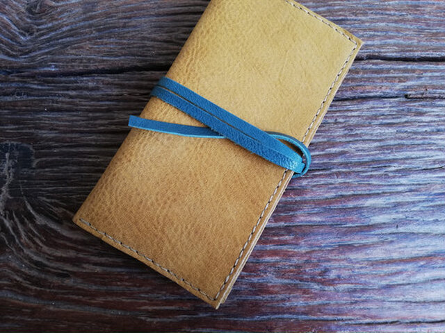 simple wallet オイルシュリンクレザー マスタードイエロー✗ブルーグリーンの画像1枚目
