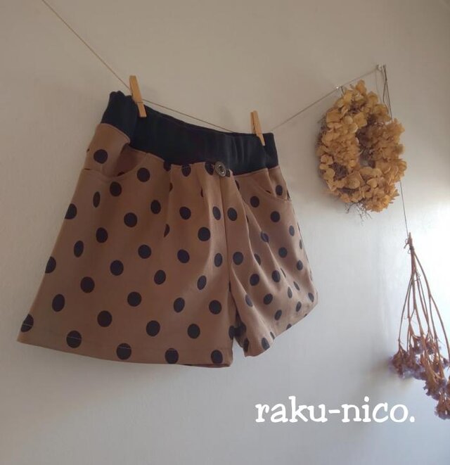 【size90】タックパンツ*ショート丈/ストレッチチノ*水玉/ドット/ブラウン/モカの画像1枚目