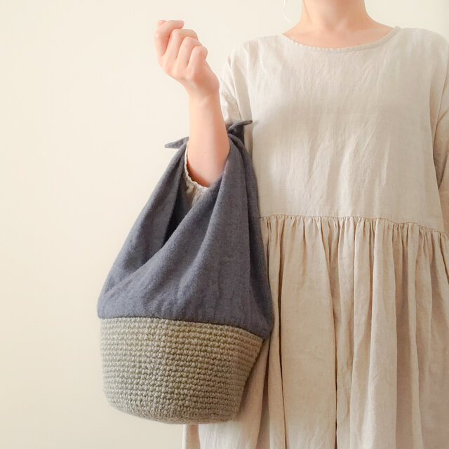 【SALE】冬のコウノトリバッグ グレー×ネイビー ジュート 麻ひも コットンの画像1枚目