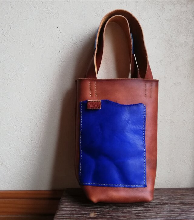 ミニミニトート　お買い物バッグ　ブラウン✗コバルトブルー