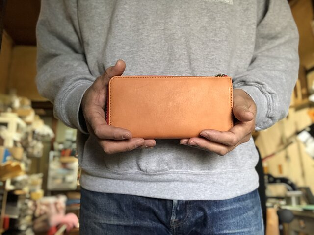 長財布 L字ファスナー 茶×赤 ミッツムッツの画像1枚目