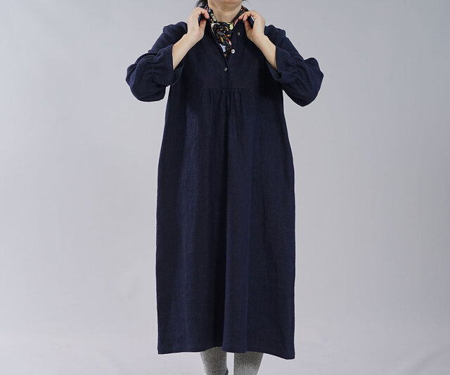 【wafu】厚地 表起毛 リネンワンピース 暖かい カッタウェイ linen100% / ネイビー a031c-neb3の画像1枚目