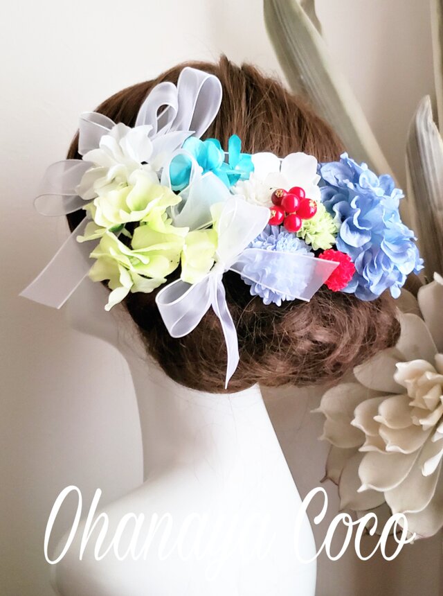 fuwa揺る 水色ダリアとオーガンジーリボンの髪飾りNo689