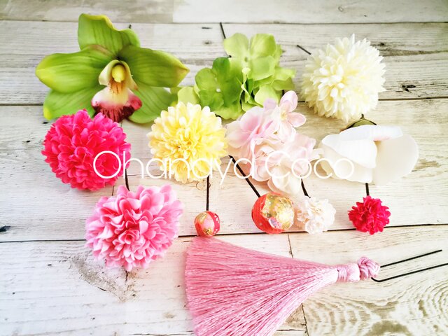 和柄ボールとデンファレの甘口ピンク系髪飾り13てかSet No690 | iichi