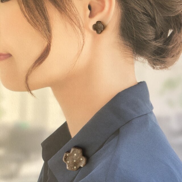 信楽焼】ミニクロス 粉引 ピアス イヤリング ブローチセット