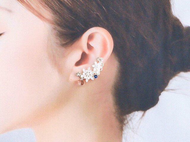 プラチナ手作りダイヤモンドイヤリング 雪華二重デザイン 雪の結晶のイヤーカフ （ つまみ細工＊受注制作 ） | iichi 日々の