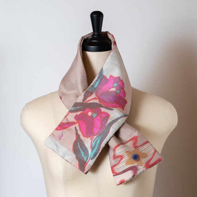 銘仙×リネン刺繍の小さな襟巻き309 ストール ネックウォーマー プチマフラー リバーシブル 着物リメイク