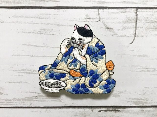 手刺繍浮世絵ブローチ*歌川国芳「猫身八毛意」よりの画像1枚目