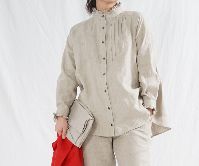 【wafu】中厚 リネン ピンタック フリル シャツ ブラウス フェミニン長袖 トップス/亜麻ナチュラル t033a-amn2の画像1枚目