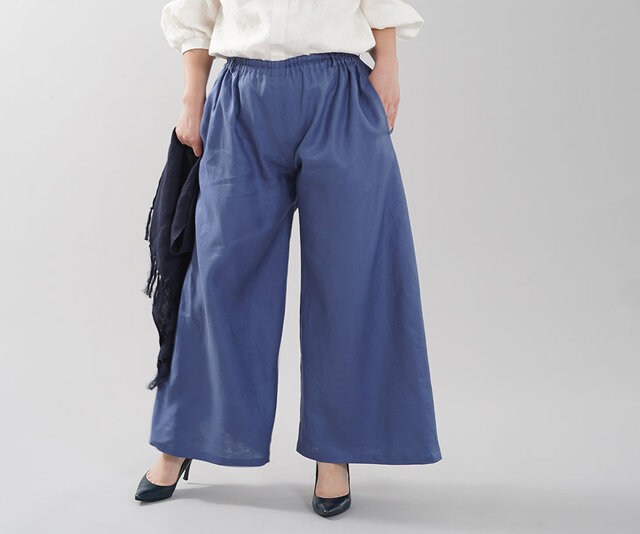 【数量限定 wafu入門編】薄地 リネン パンツ ワイドパンツ ロングパンツ/セルリアンブルー/b006a-cbn1の画像1枚目