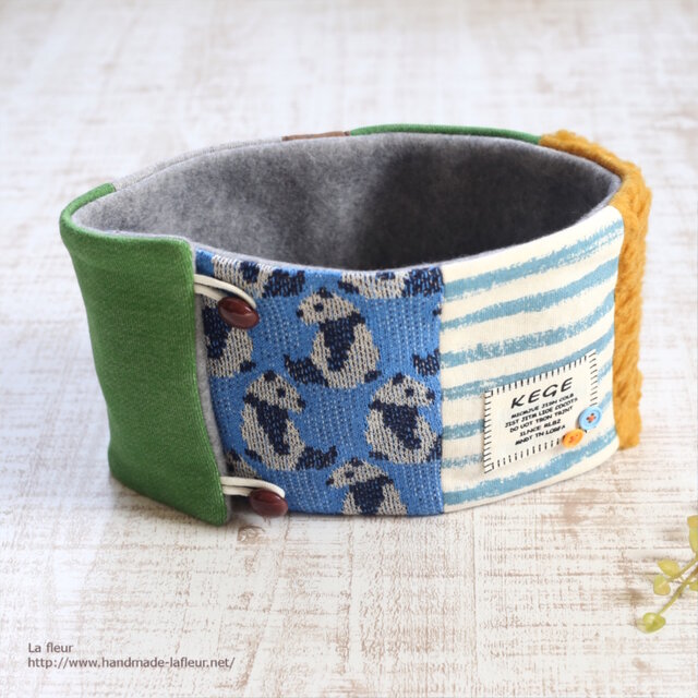 パッチネックウォーマー＊パンダ・クレヨンボーダー・グリーン・マスタードボア　キッズネックウォーマー男の子用　フリーサイズ