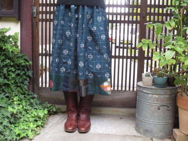 ako様ご注文品☆着物リメイクスカート絣調の紬に裾パッチ75㎝丈