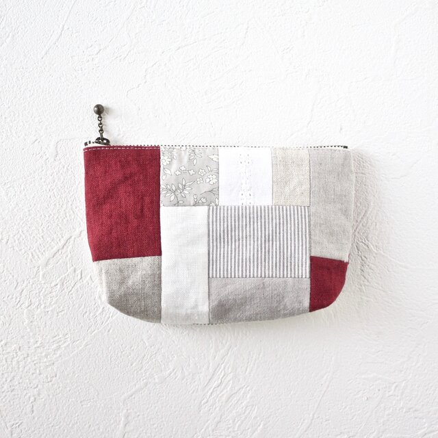 赤のリネンとリバティのパッチポーチ5