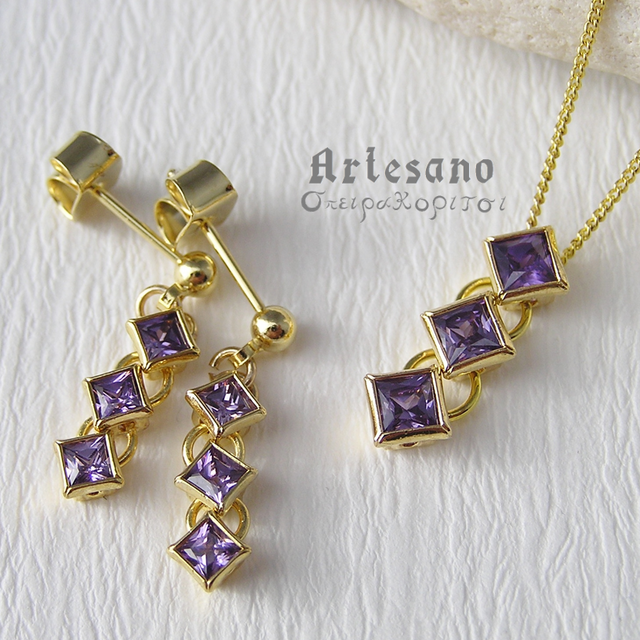 3連ジルコニアのネックレス&ピアス・イヤリング ～Amethyst～ *σπειρα κοριτσι*