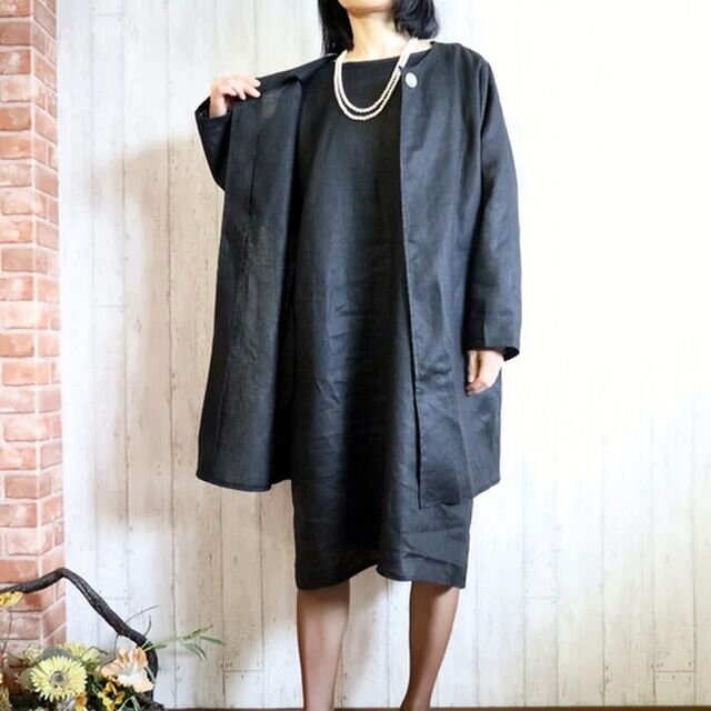 黒リネン　ノーカラーJK ＆OPアンサンブル/卒業・入学・フォーマル・冠婚葬祭　Ｍ～５Ｌ/４サイズ　送料無料　セミオーダー可