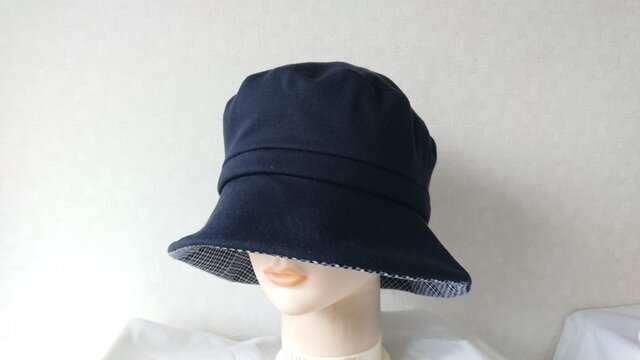 魅せる帽子☆カットソーのクロッシュ~ネイビー&チェックの画像1枚目