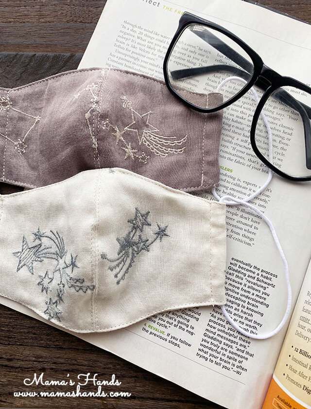 2枚 刺繍 星 ナチュラル 綿100% ダブルガーゼ 大人用 立体型 エコ マスク♪の画像1枚目