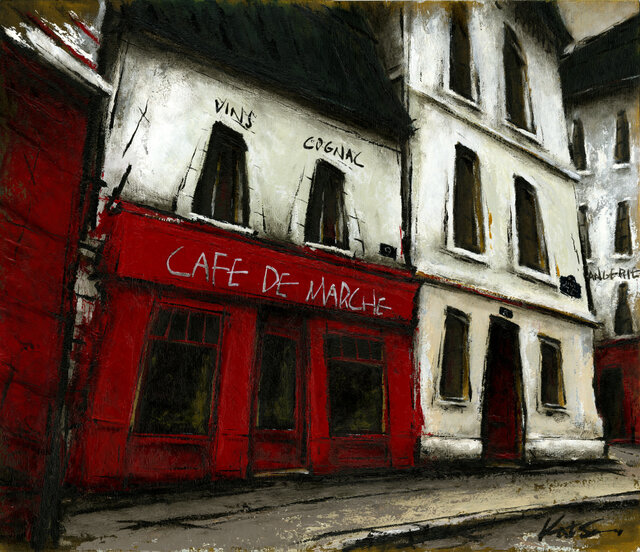 風景画 パリ 油絵「CAFE DE MARCHE」の画像1枚目