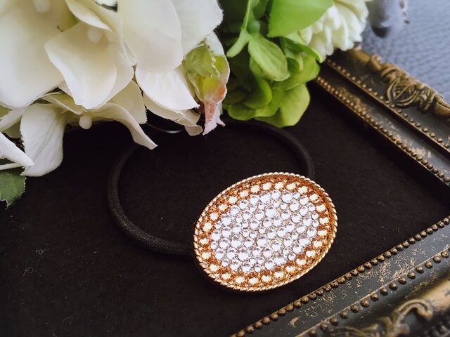 スワロフスキー・クリスタルデコ:ヘアゴム 《楕円形》【ゴールド枠