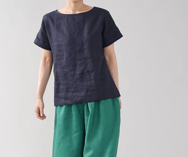 【wafu 入門編】中厚地 リネン Tシャツ 半袖 トップス ドロップショルダー リネンTシャツ/ネイビー t014a-neb2の画像1枚目
