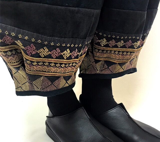M~Lサイズ、ジョムトン手織り綿のもんぺパンツ、ヤオ刺繍付き、オールシーズンの画像1枚目