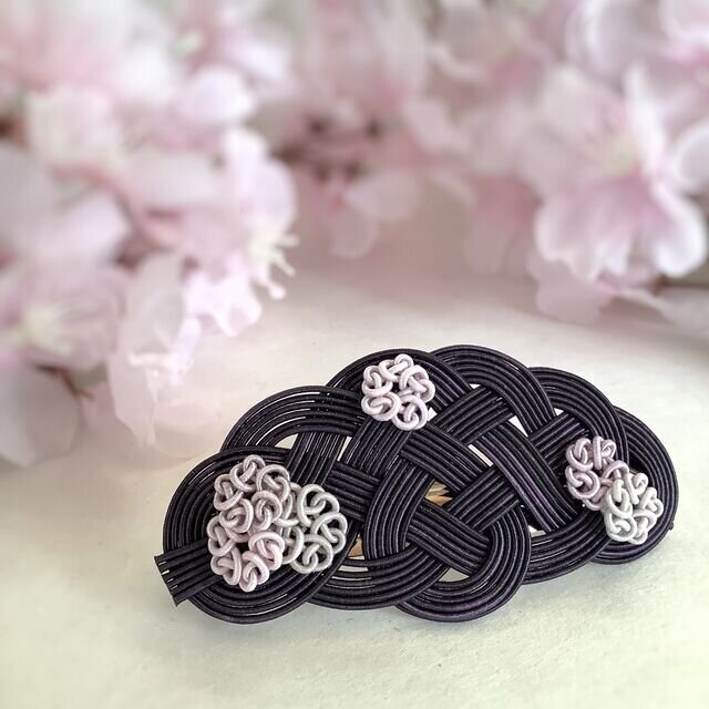 ★オリジナル染色水引使用　水引製【夜桜】バレッタ　桜　和風　墨染