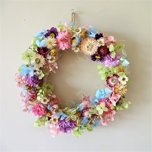 24cmお花畑 パステルカラーのドライフラワーリース の画像1枚目