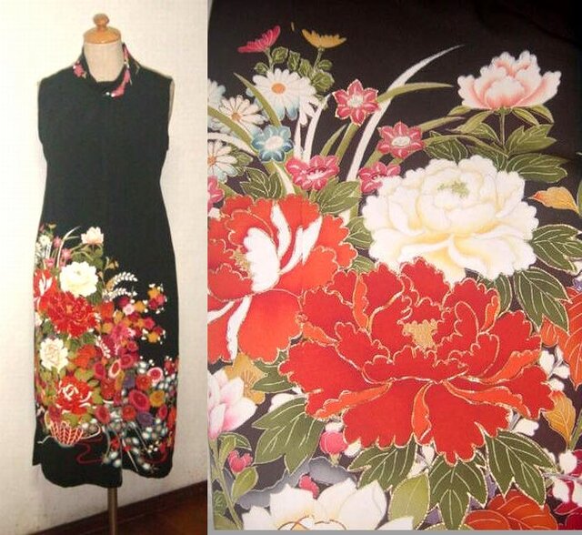 留袖リメイク♪牡丹の刺繍が豪華な留袖ハイネックワンピース・ボレロ付き♪ハンドメイドの画像1枚目