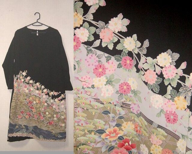 留袖リメイク♪春爛漫・春色花々が素敵な友禅留袖ワンピース・ゆったりシルエット♪ハンドメイドの画像1枚目