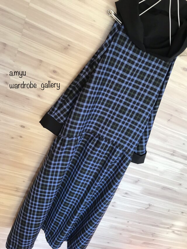 a.myu 春♪綺麗なブルーチェック♪フード春色腰切り替えワンピースの画像1枚目