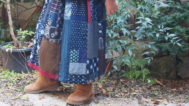 古布リメイクハンドメイド　藍染無地絵絣、絣はぎはぎスカート 古布リメイクハンドメイド 藍染無地絵絣、絣はぎはぎスカート
