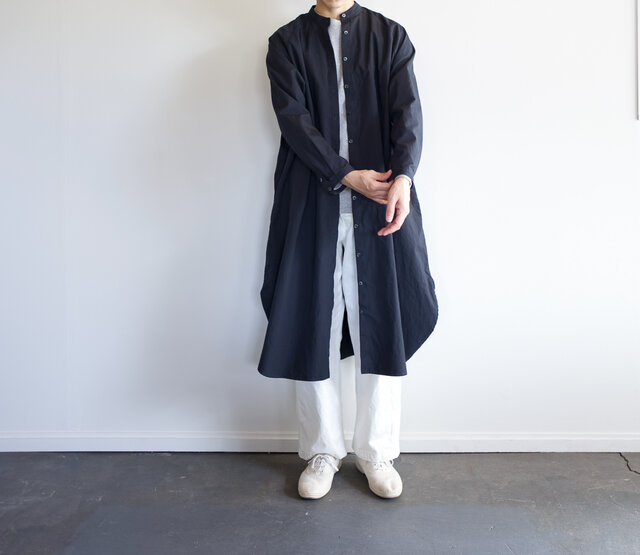 weather cloth cotton linen/raglan shirt one piece/navyの画像1枚目
