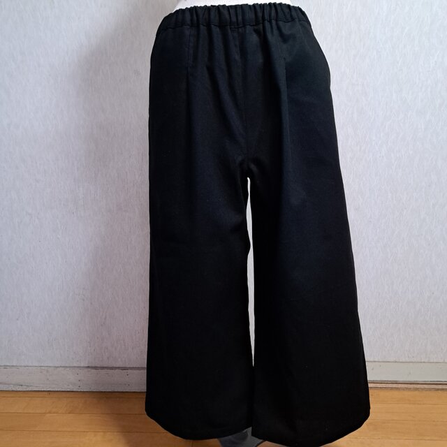 ブラック　ガウチョパンツ　ワイドパンツ　コットンリネン　黒　綿麻　Lサイズ　11号
