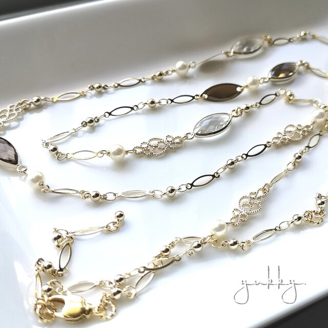 春色＊ガラスパーツ(マーキス)✽パールロングネックレス