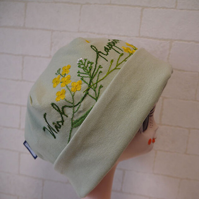 コットン素材スパンフライスニット生地で作ったニット帽（菜の花となずな）