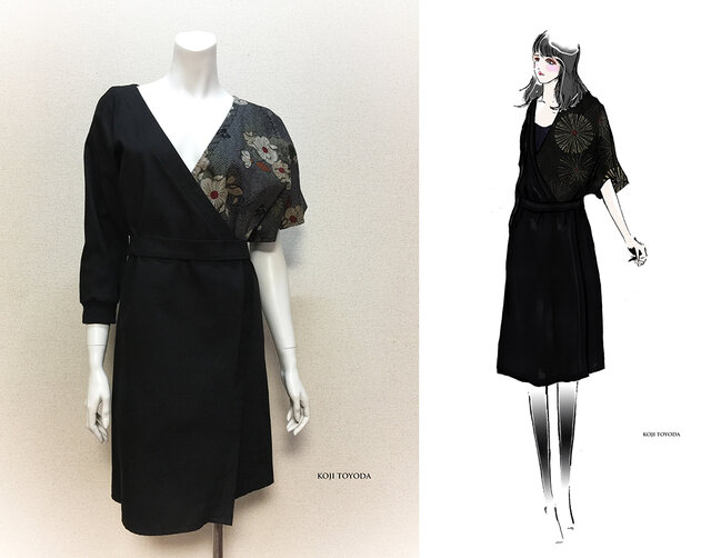 【1点もの・デザイン画付き】ベルト付き和柄×黒アシメトリーワンピース(KOJI TOYODA)の画像1枚目