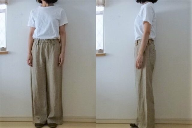 受注制作】ベージュ天日干し40リネン シンプルワイドパンツ