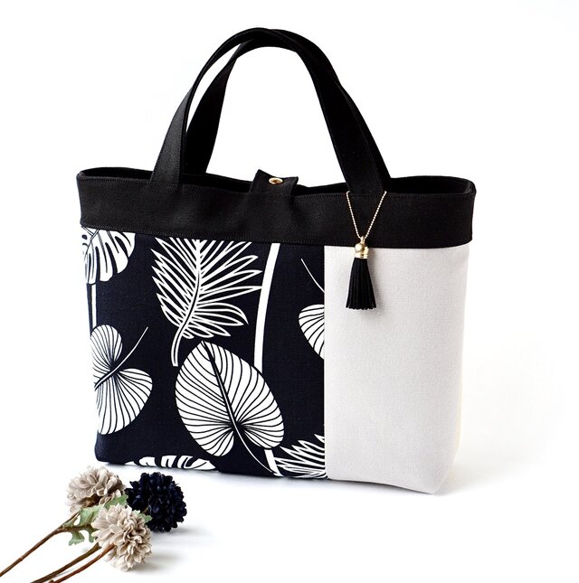 一点もの！デザイナーズデザイン・ブラックトロピカル葉柄のトートバッグ