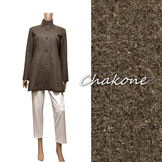 【コート】スタンドカラー・ハーフコート(立ち襟/ML) 総裏地つき ブラウングレー ウールツイード