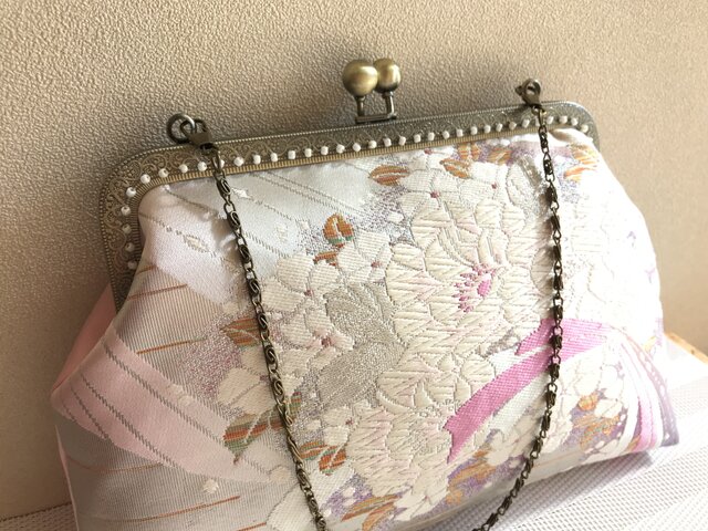 がまぐちバッグ・ピンク×パープル桜の花束柄帯地の画像1枚目