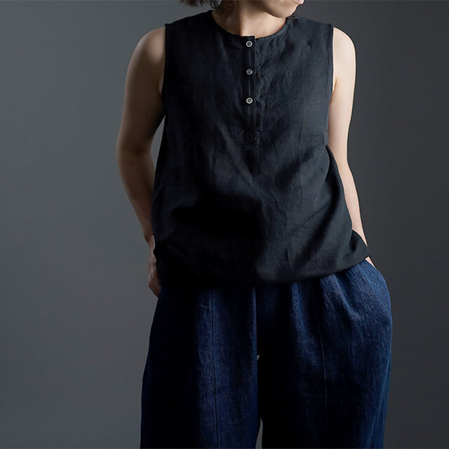 雅亜麻 Linen Top ヘンリーネック ロング丈 インナーとしても /黒色