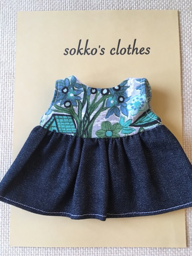 sokko's Dress 濃紺デニムとグレー地に花柄のワンピースの画像1枚目