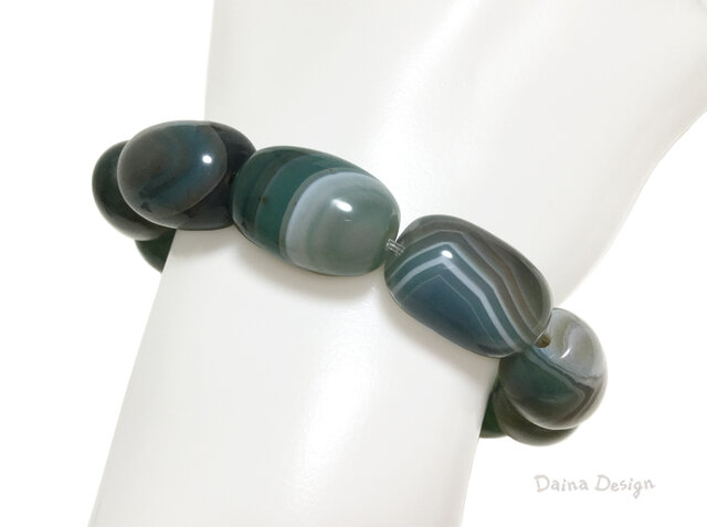 アゲート ブレスレット グリーン 緑 縞 瑪瑙 円筒 タンブル レア 大粒