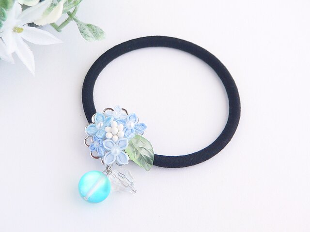 新作 あじさい入り ダークブルー ハートヘアゴム 新作 あじさい入り ダークブルー ハートヘアゴム