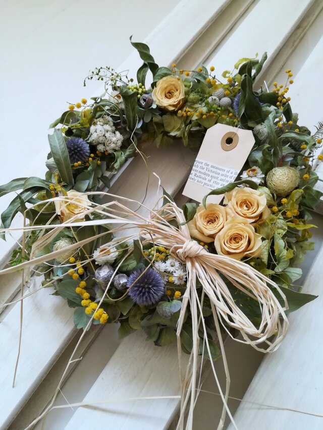 黄バラとミモザのgarden wreath