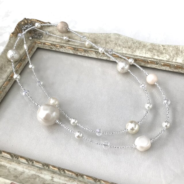 ホワイト系バロックパール ロングネックレス ホワイト グレー ホワイト系バロックパール ロングネックレス ホワイト グレー