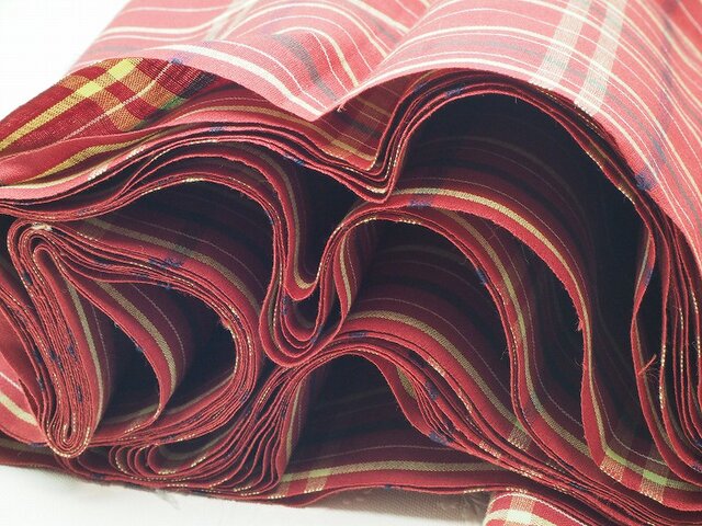 mta0036 古布・古裂 格子文様木綿 朱色 未使用 100cmカット