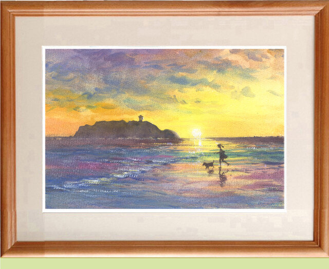 水彩画原画 湘南の夕日・江の島 #652」 by syoumei｜Artmeter